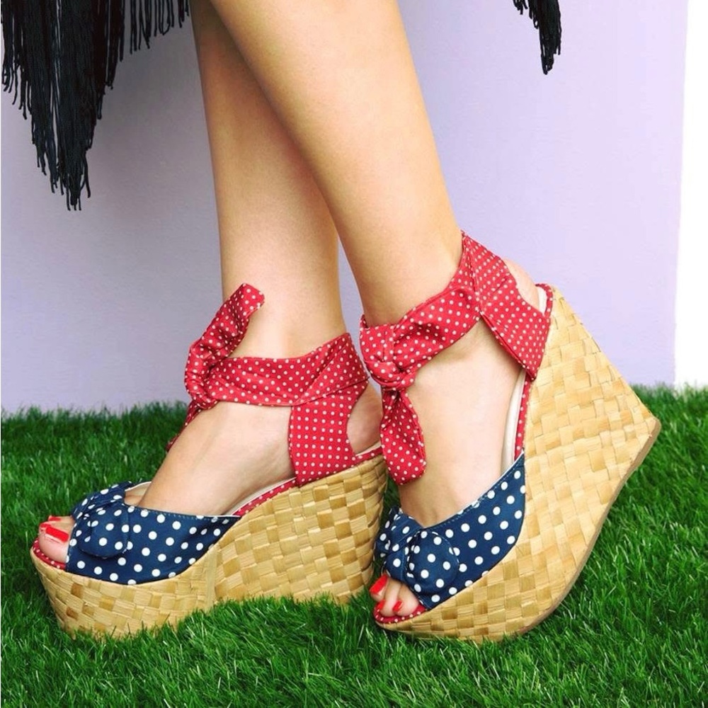 iDorè by Novus Shoes- Miranda Polka Dot Wedges - Red and Blue